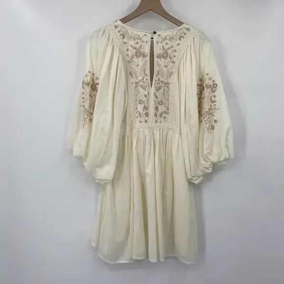 Anthropologie Viveka Embroidered Floral Mini Dress Balloon Long Sleeve Ivory S - Picture 5 of 10